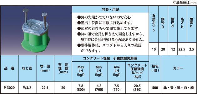 ●釘の先端がでていないので安心 ●墨出し位置に正確に打込めます。 ●通常の釘打ちの要領で施工できます。 ●釘の頭で金具を押さえて固定しますから、施工時に金具が抜ける心配がありません。 ●型枠解体後、スラブ下から入りの確認ができます。