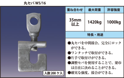 丸セパ W5/16 ●丸セパを中間接合、完全にロックができる。 ●ワンタッチで取付ができる。 ●片手で取付けができる。 ●調整セパを使用することで、梁巾は自在に決めることができる。 ●確実な強度、接合ができる。
