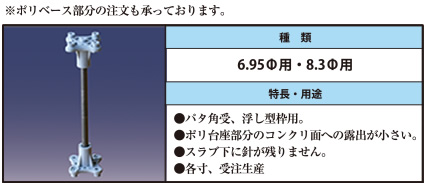 ※ポリベース部分の注文も承っております。6.95Φ用・8.3Φ用 ●パタ角受、浮し型枠用 ●ポリ台座部分のコンクリ面への露出が小さい。 ●スラブ下に針が残りません。 ●各寸、受注生産
